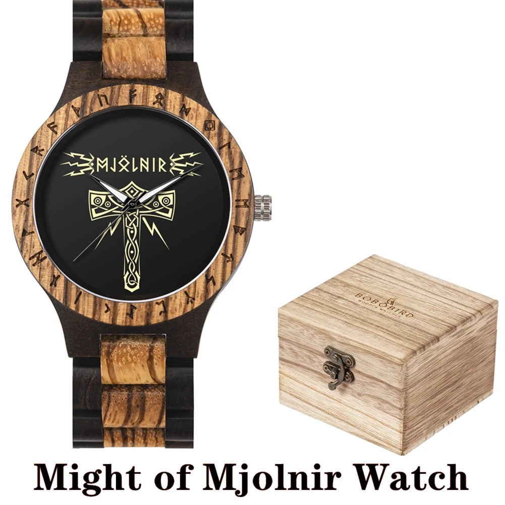 BOBO BIRD Viking Wooden Watches Top Japanese Quartz Movement Wristwatch Unique Men Watch with Helm of Awe Runic Circle Gift Box