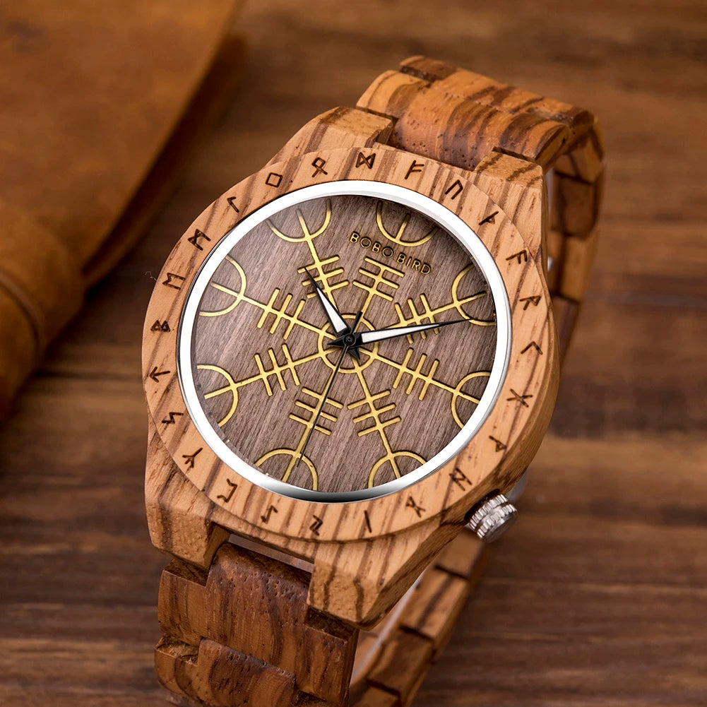 BOBO BIRD Viking Wooden Watches Top Japanese Quartz Movement Wristwatch Unique Men Watch with Helm of Awe Runic Circle Gift Box