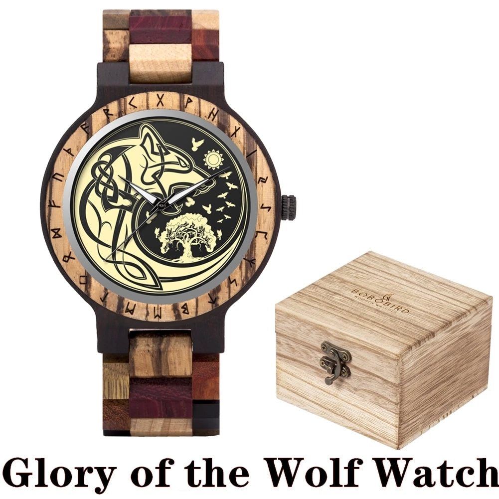BOBO BIRD Viking Wooden Watches Top Japanese Quartz Movement Wristwatch Unique Men Watch with Helm of Awe Runic Circle Gift Box