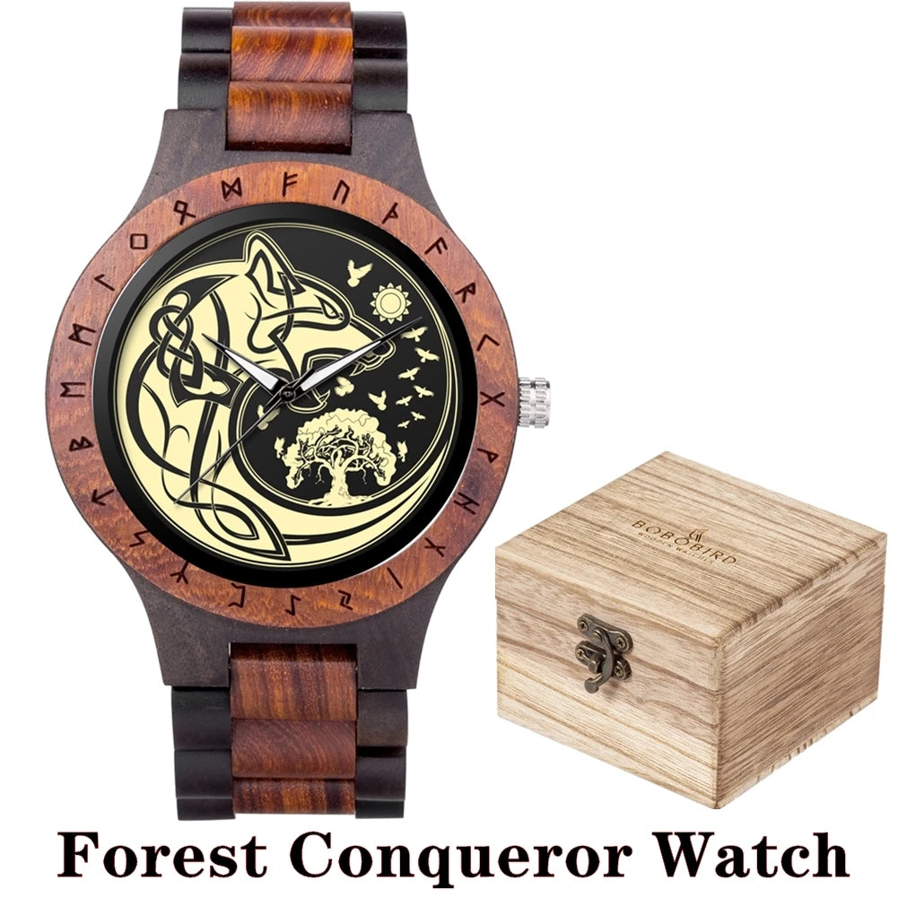 BOBO BIRD Viking Wooden Watches Top Japanese Quartz Movement Wristwatch Unique Men Watch with Helm of Awe Runic Circle Gift Box