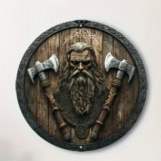 Viking Shield Aluminum Wall Art - 8x8" Round 2D Flat, Axe Design Nordic Decor for Home Office, Halloween Gift