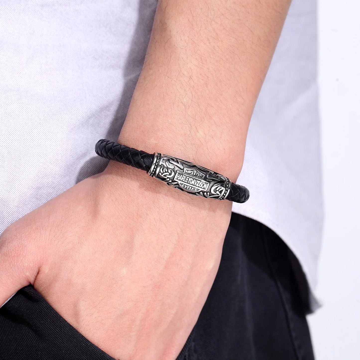 Fashion Bracelet Viking Bracelet For Men Hand Bracelets Woven Stainless Steel Word Bead Jewelry Leather Set Bracelet For Man