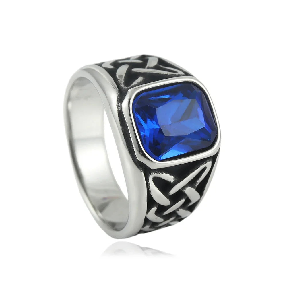 Fashion Vintage Nordic Vikings Knot Rune Rings For Men Women Stainless Steel Square Red Stone Ring Party Jewelry Gifts Wholesale