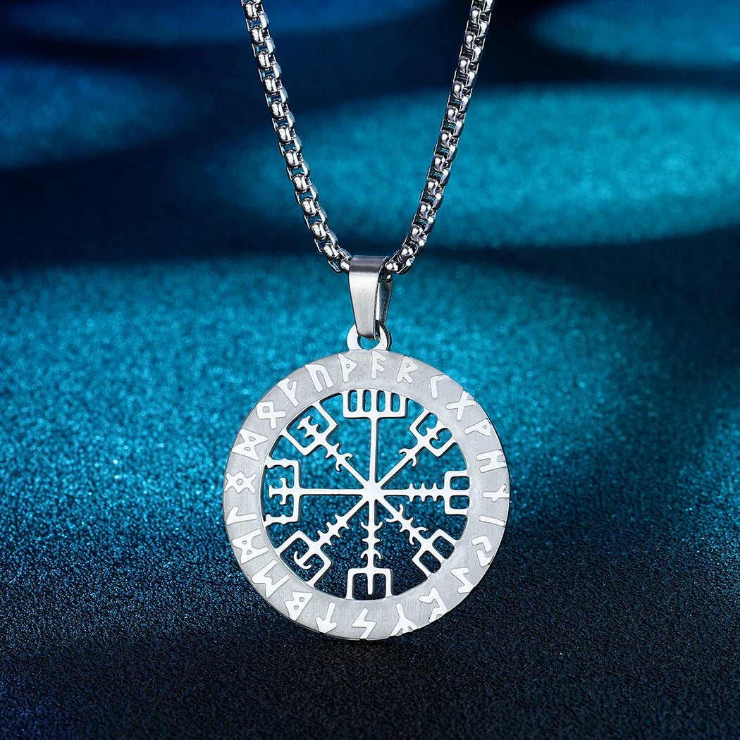 12 Constellation Viking Rune Compass Vegvisir Hollow Round Pendant Choker Stainless Steel Necklace for Men Nordic Amulet Jewelry