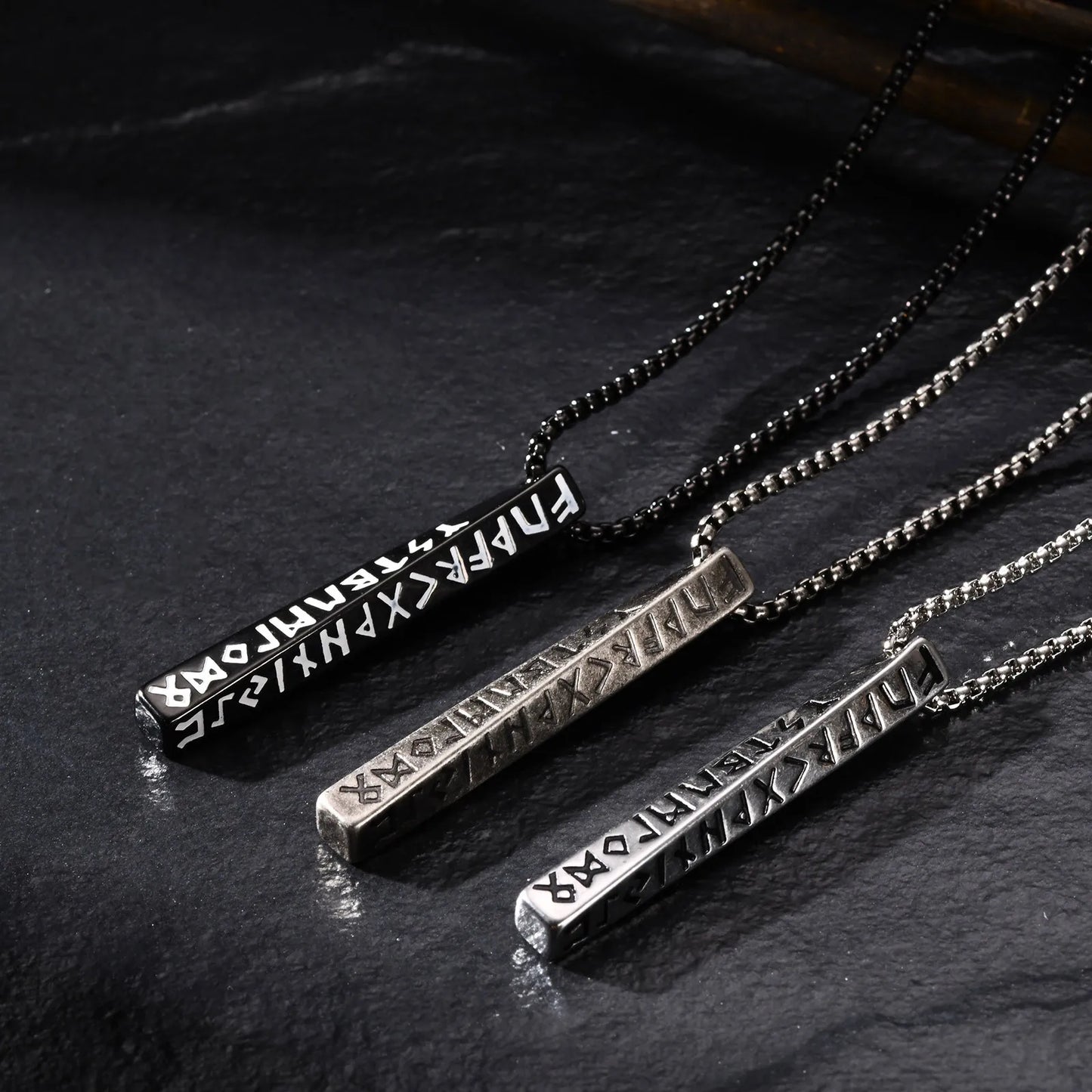 Vintage Nordic Viking Symbol Rune Vertical Twisted Bar Pendant Necklace for Men Stainless Steel Jewelry