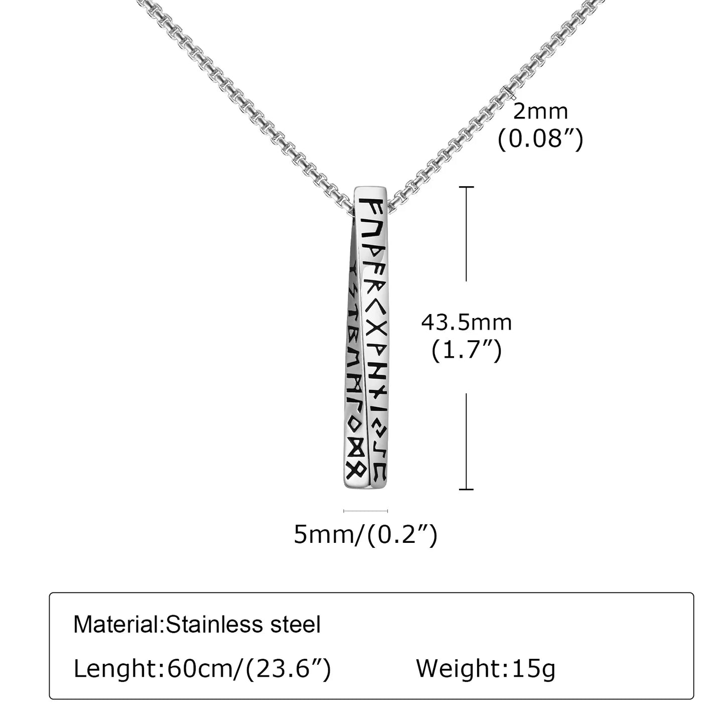 Vintage Nordic Viking Symbol Rune Vertical Twisted Bar Pendant Necklace for Men Stainless Steel Jewelry