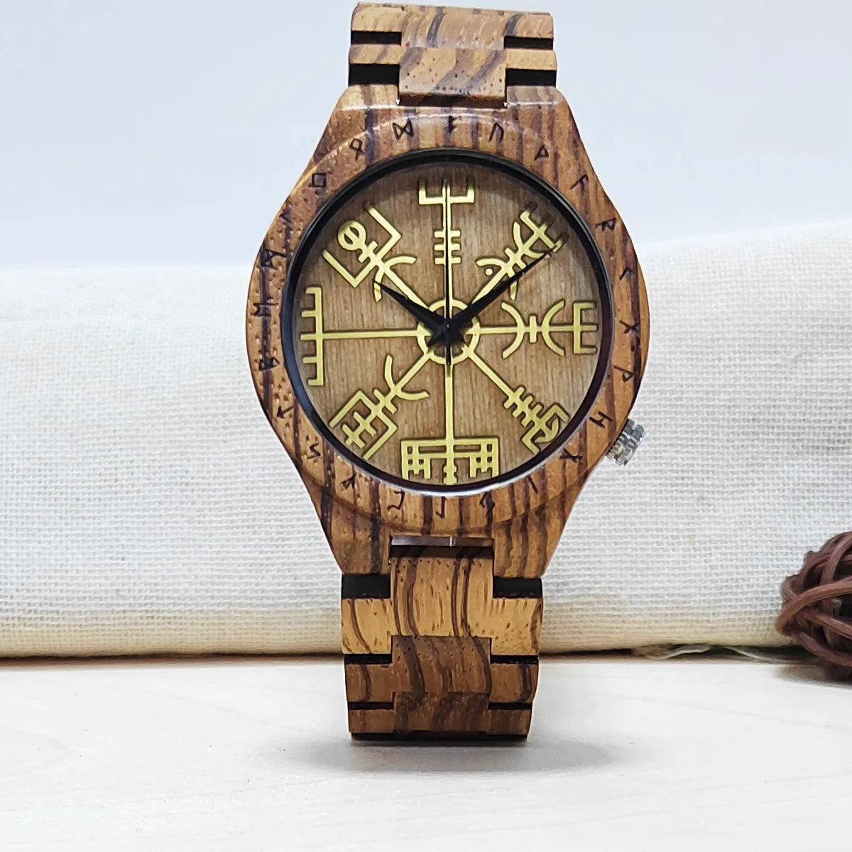 Men's Wooden Wrist Watches Viking Symbol Element Clock Personalized Anniversary Gift for Husband Man Wood Quartz Wristwatches
