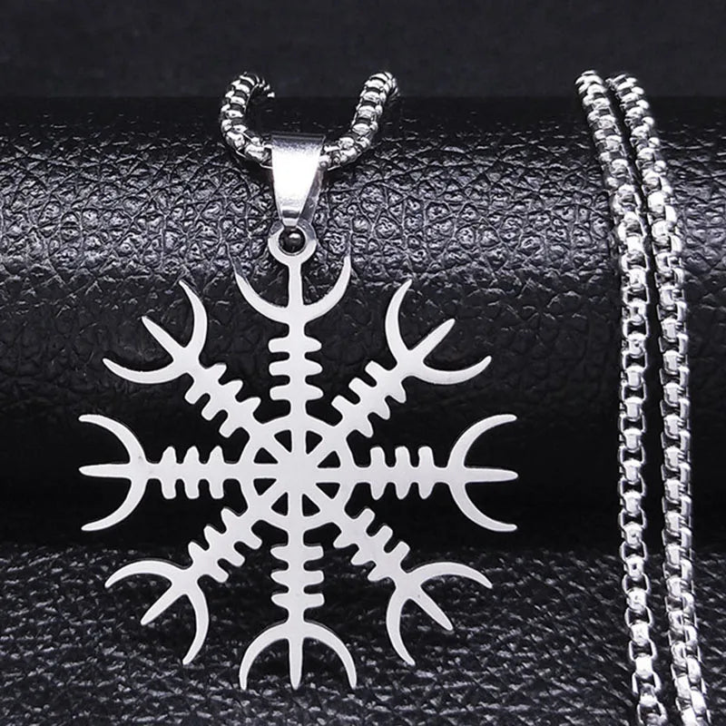Viking Compass Helm Rune Amulet Necklace Silver Color Stainless Steel Symbol of Protection Necklace Pagan Jewelry N7024S01