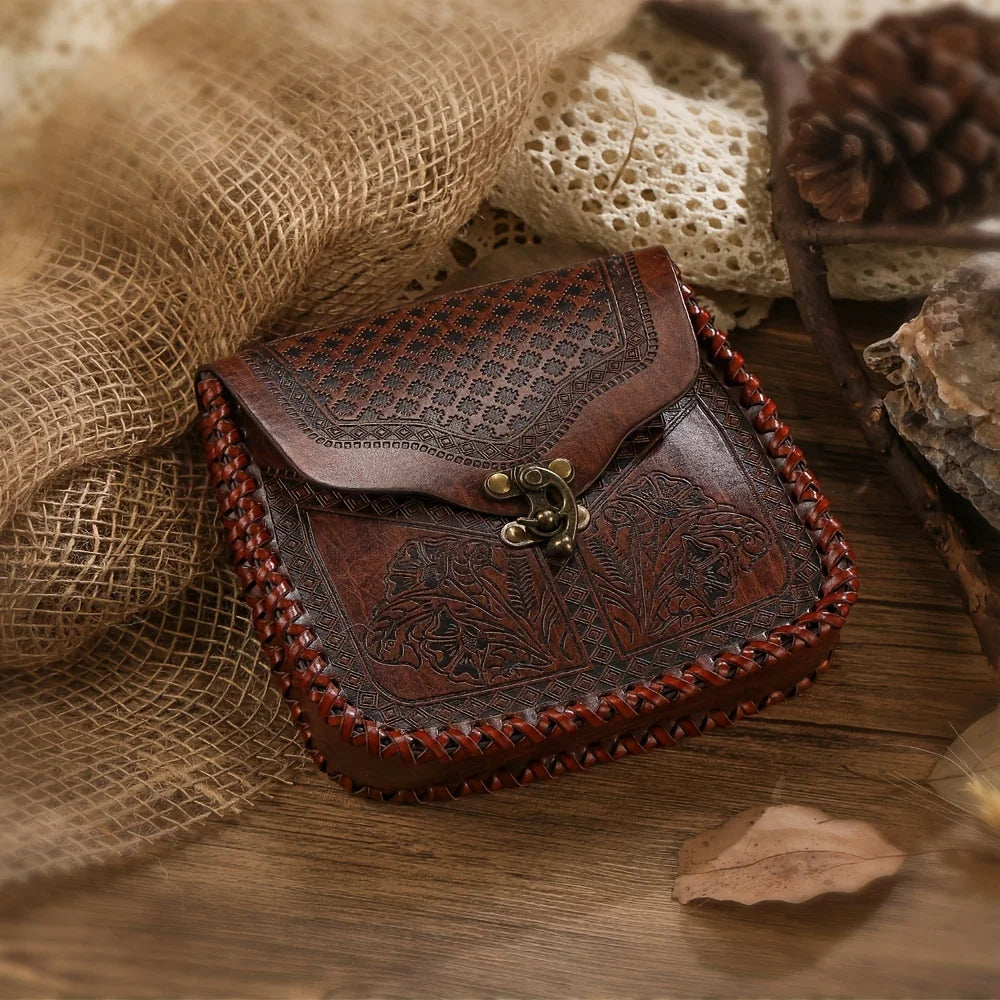 Viking Waist Bag with Intricate Floral Pattern & Braided Strap - Medieval Style, Snap Closure Perfect for Outdoor Adventures