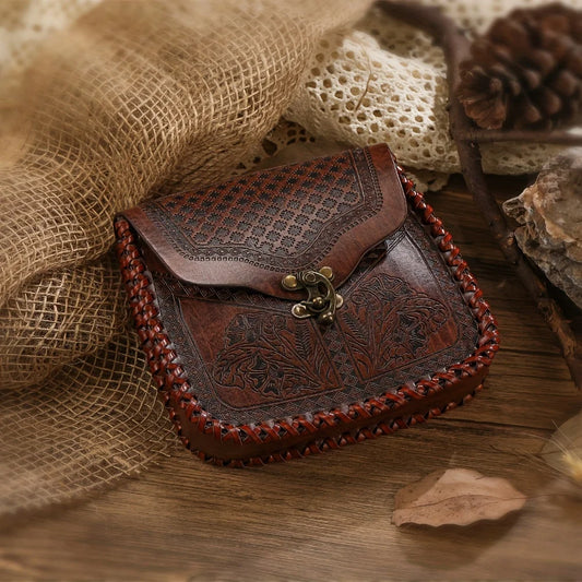 Viking Waist Bag with Intricate Floral Pattern & Braided Strap - Medieval Style, Snap Closure Perfect for Outdoor Adventures