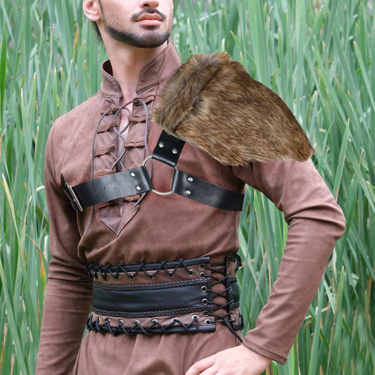 UYEE Man  Medieval Viking Fur Wrap Drape Shawl Barbarian Shoulder Cowl Mantle with Chest Belt Fur Capelet for Viking
