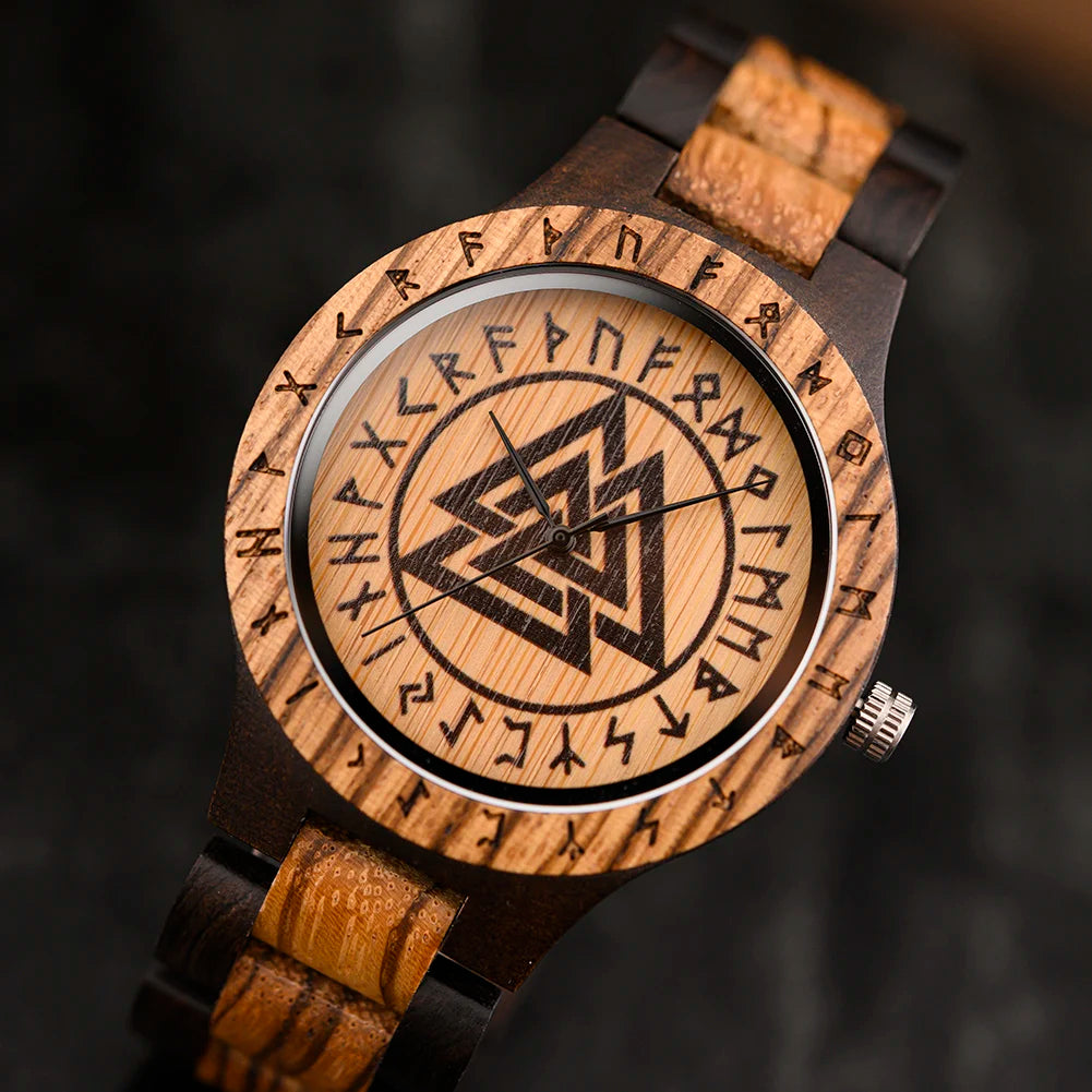 BOBO BIRD Viking Wooden Watches Top Japanese Quartz Movement Wristwatch Unique Men Watch with Helm of Awe Runic Circle Gift Box