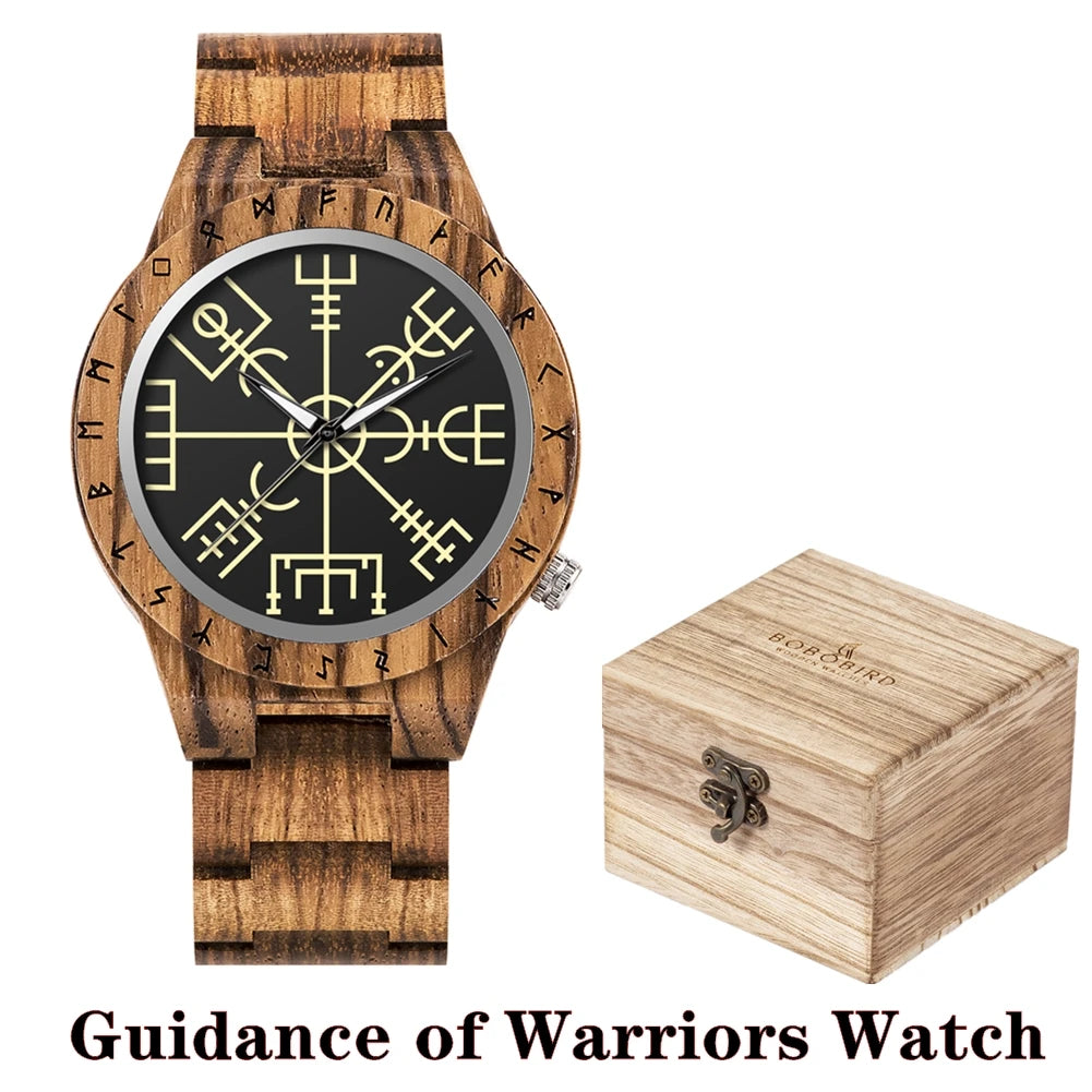 BOBO BIRD Viking Wooden Watches Top Japanese Quartz Movement Wristwatch Unique Men Watch with Helm of Awe Runic Circle Gift Box