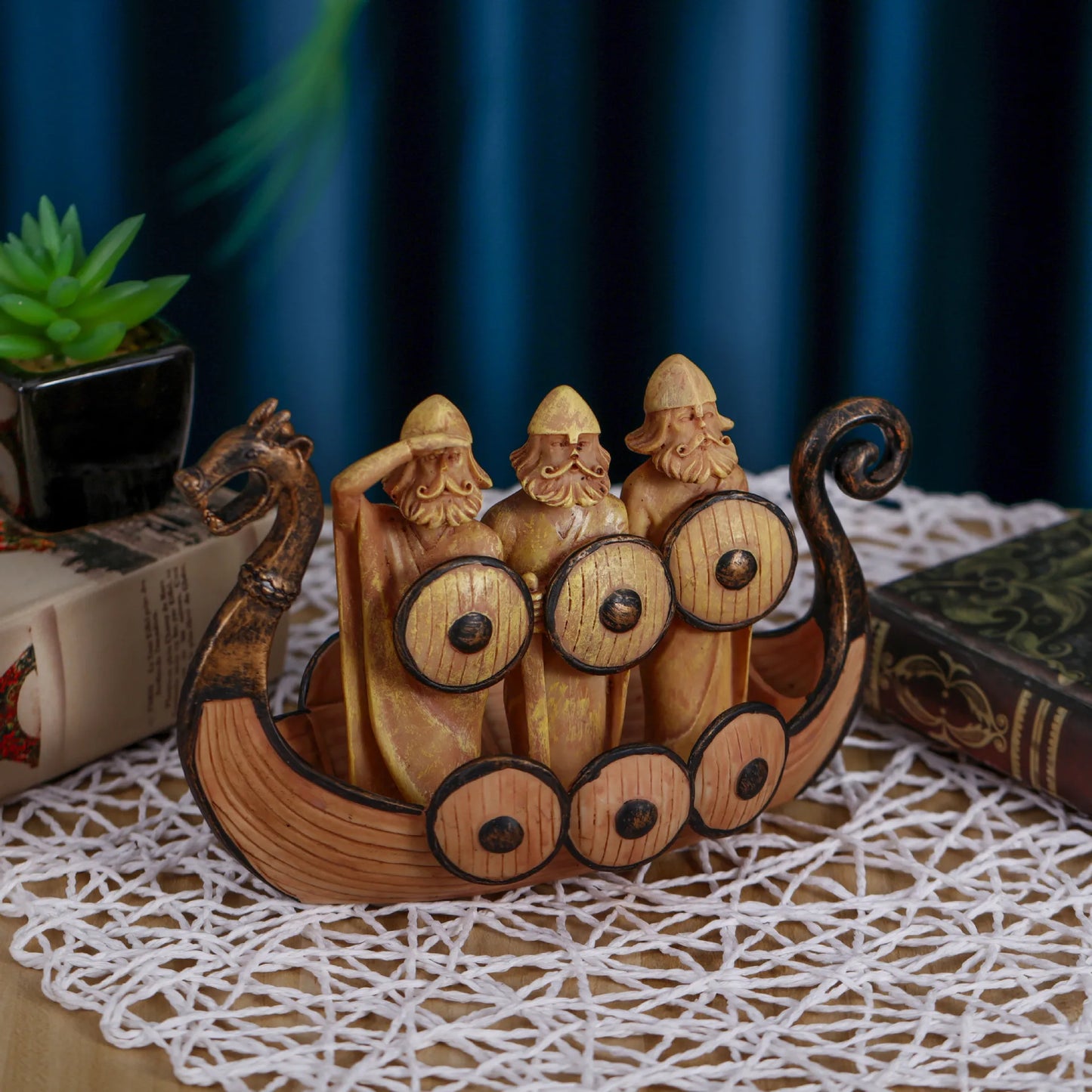 Viking Ship Soldier Resin Craft Soldier Shield Dragon Boat Creative Painted Home Retro Decoration Figurine  Antique Home Decor