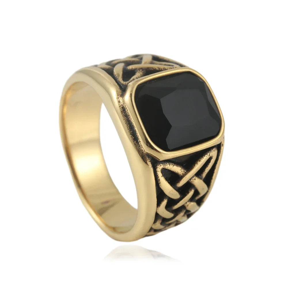 Fashion Vintage Nordic Vikings Knot Rune Rings For Men Women Stainless Steel Square Red Stone Ring Party Jewelry Gifts Wholesale