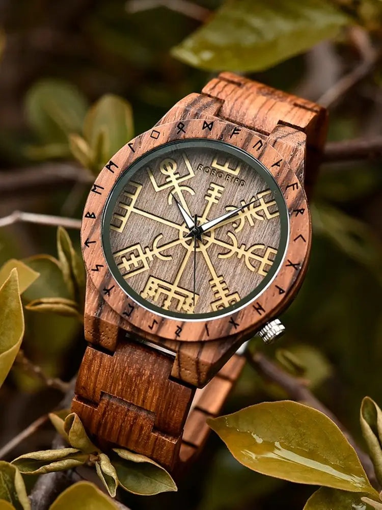 BOBO BIRD Viking Wooden Watches Top Japanese Quartz Movement Wristwatch Unique Men Watch with Helm of Awe Runic Circle Gift Box