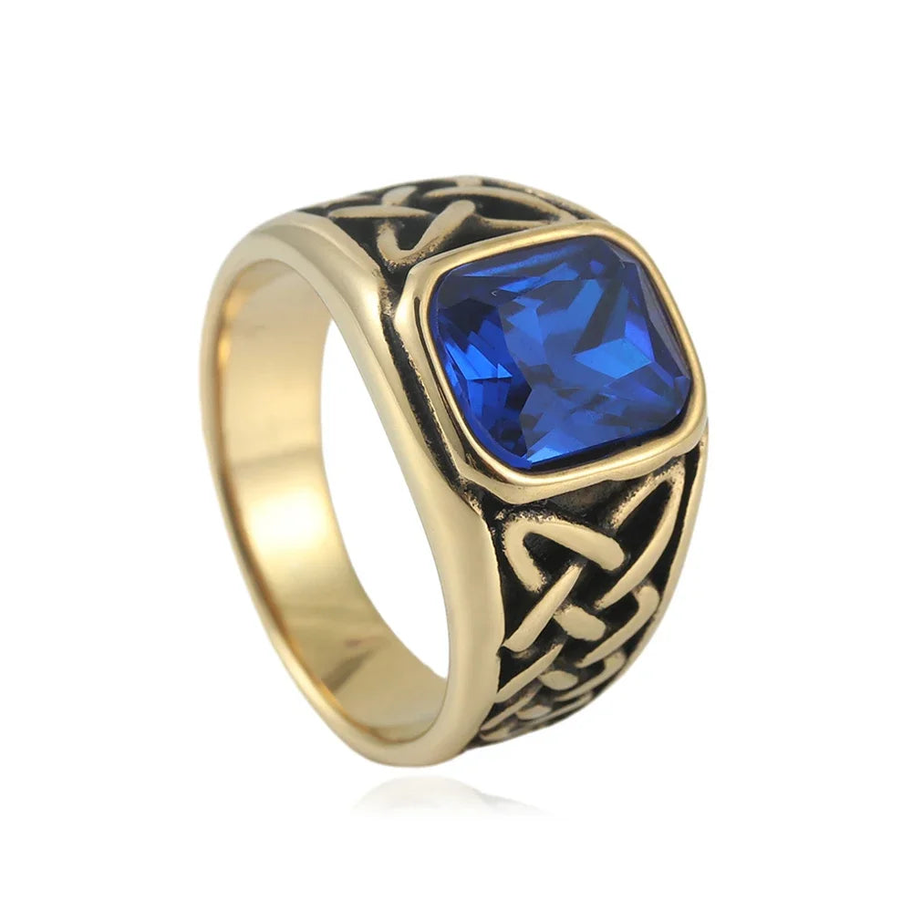 Fashion Vintage Nordic Vikings Knot Rune Rings For Men Women Stainless Steel Square Red Stone Ring Party Jewelry Gifts Wholesale