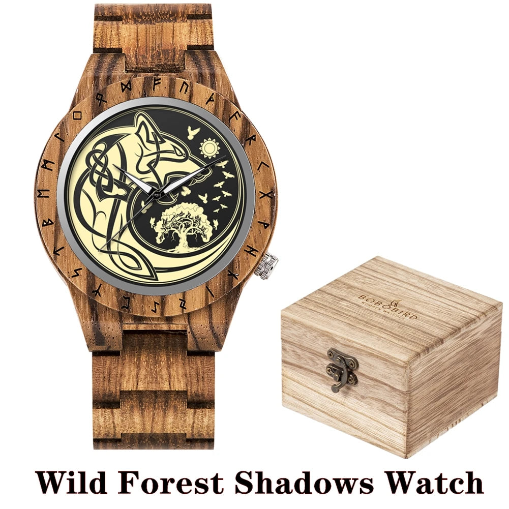 BOBO BIRD Viking Wooden Watches Top Japanese Quartz Movement Wristwatch Unique Men Watch with Helm of Awe Runic Circle Gift Box