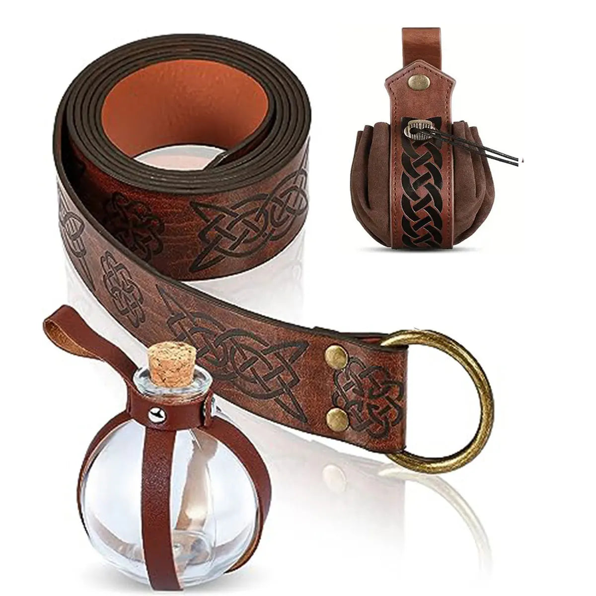 3pcs Medieval Viking Knight Leather Belt Unisex Embossed Waist Belt/Pouch/Cork Potion Set for Cosplay and Events, Halloween Chr