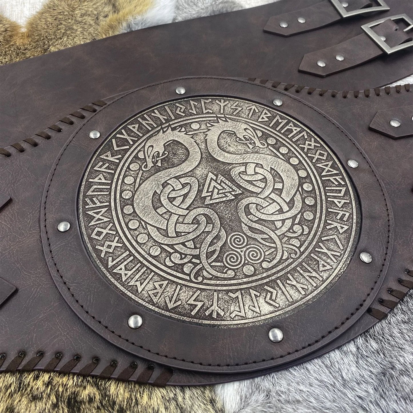 Viking style wide embossed PU leather belt with medieval Nordic style Renaissance knight armor waist belt accessory suitable f