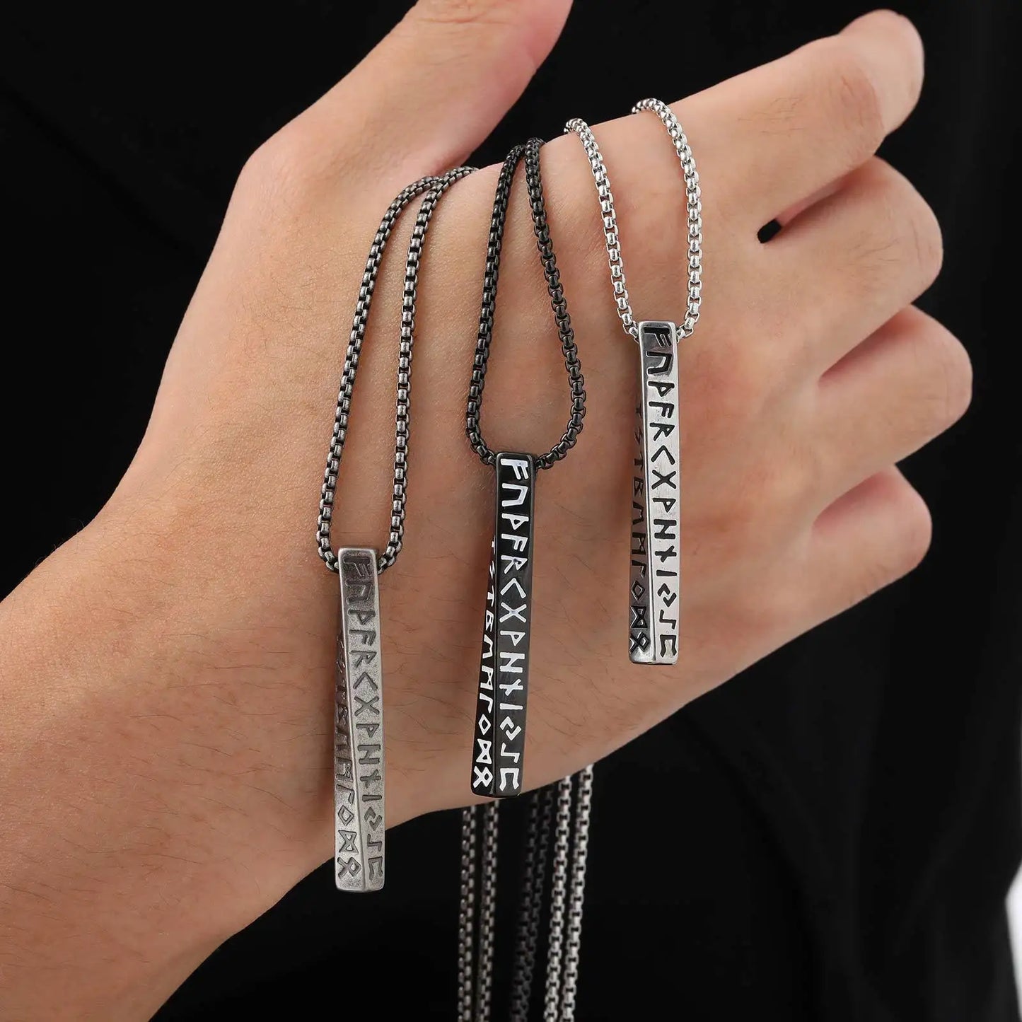 Vintage Nordic Viking Symbol Rune Vertical Twisted Bar Pendant Necklace for Men Stainless Steel Jewelry