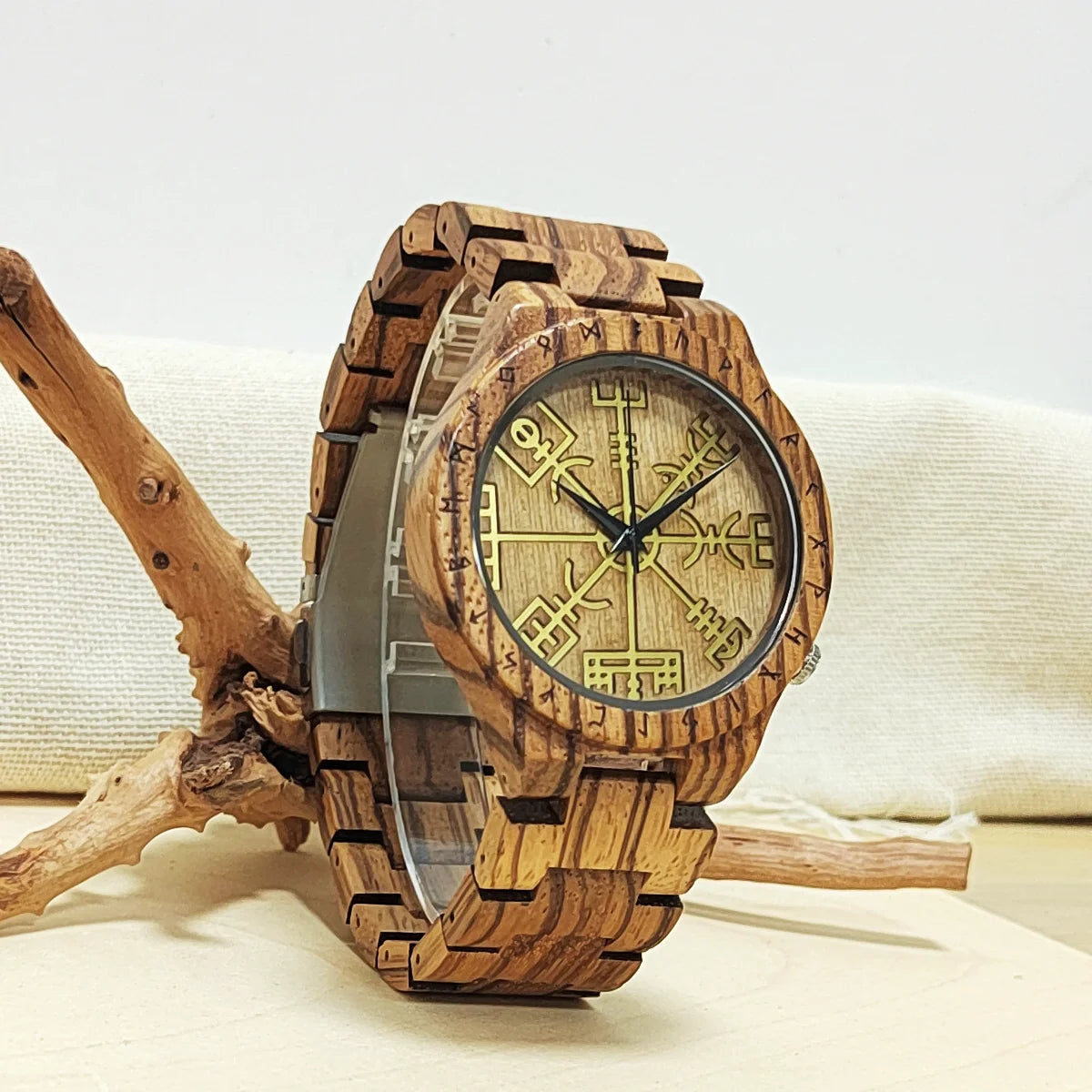 Men's Wooden Wrist Watches Viking Symbol Element Clock Personalized Anniversary Gift for Husband Man Wood Quartz Wristwatches