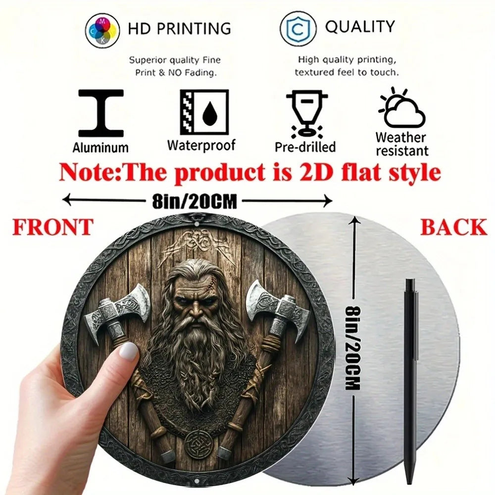 Viking Shield Aluminum Wall Art - 8x8" Round 2D Flat, Axe Design Nordic Decor for Home Office, Halloween Gift