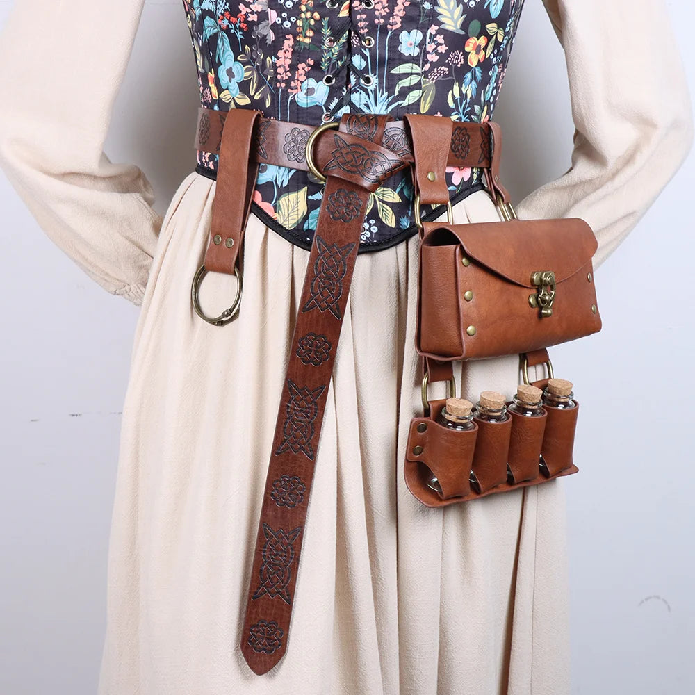 3pcs Medieval Knight Style Renaissance Retro Belt Bag With 4 glass bottles Viking Waist Belt Cosplay Decoration For Halloween