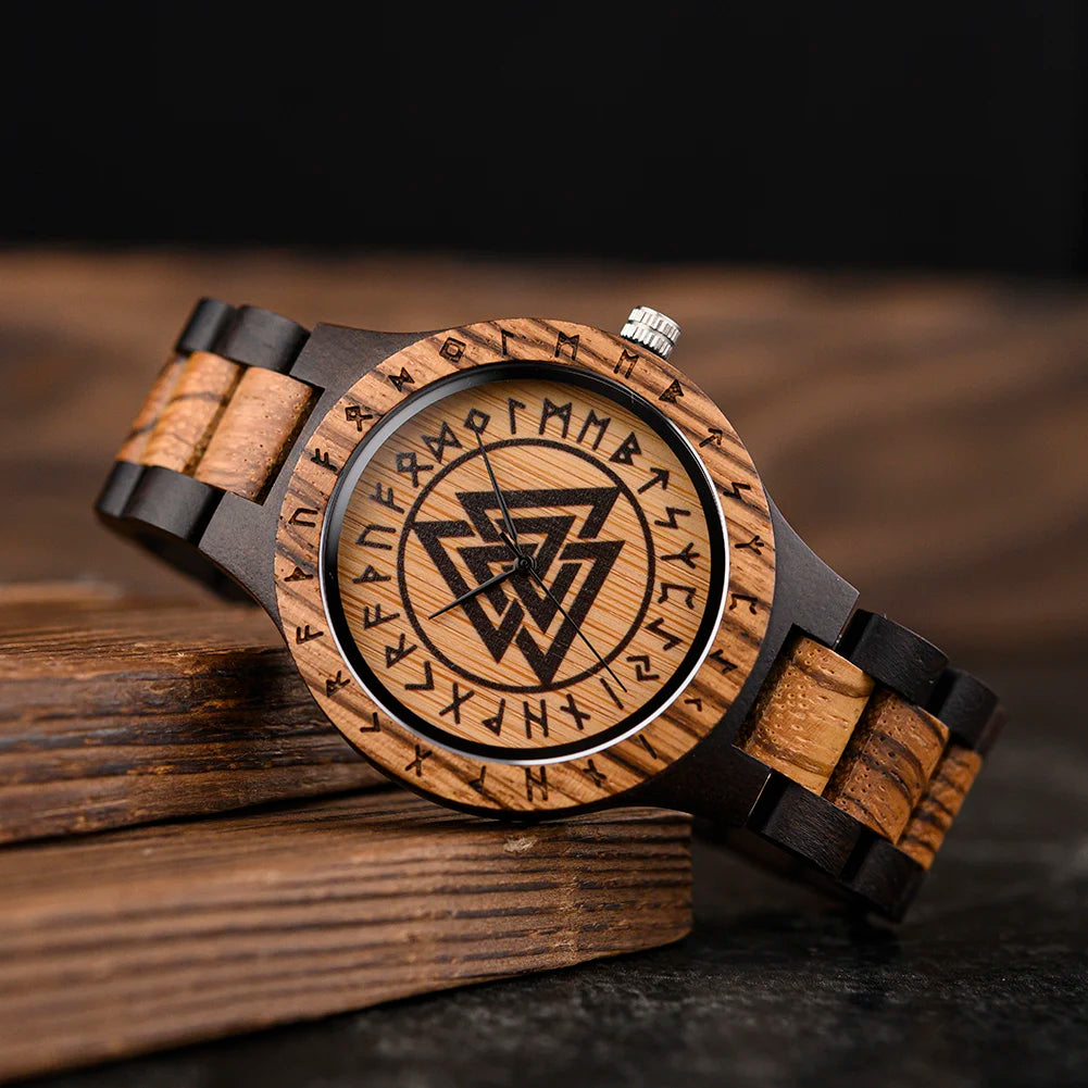 BOBO BIRD Viking Wooden Watches Top Japanese Quartz Movement Wristwatch Unique Men Watch with Helm of Awe Runic Circle Gift Box