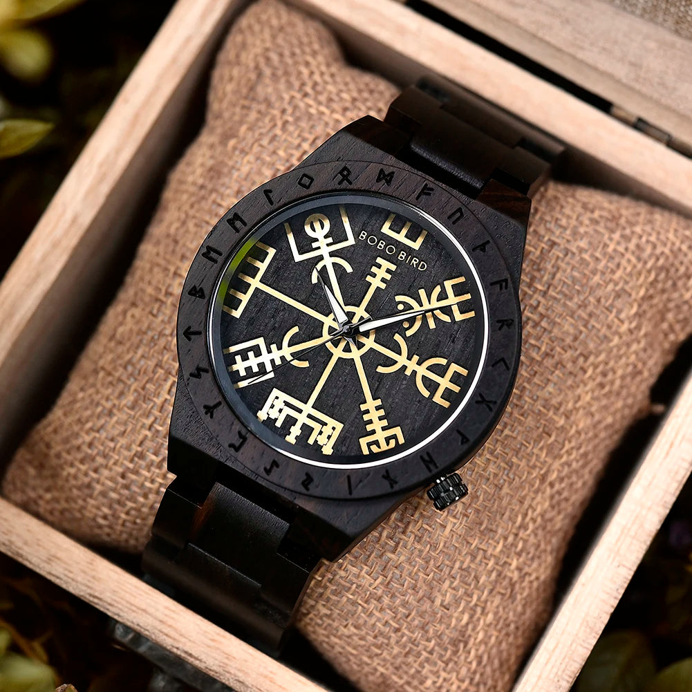 BOBO BIRD Viking Wooden Watches Top Japanese Quartz Movement Wristwatch Unique Men Watch with Helm of Awe Runic Circle Gift Box