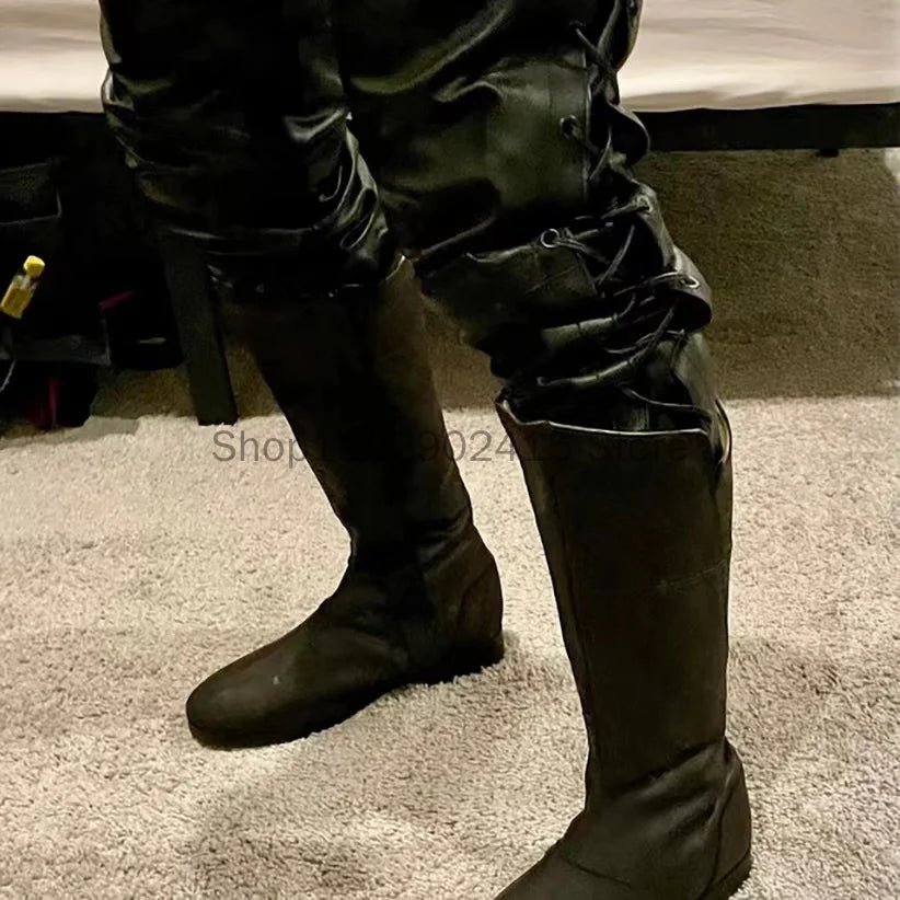 Medieval Viking New Men's Round Head High Boot 2023 Vintage PU Material Warm Long Sleeve Men's Boot