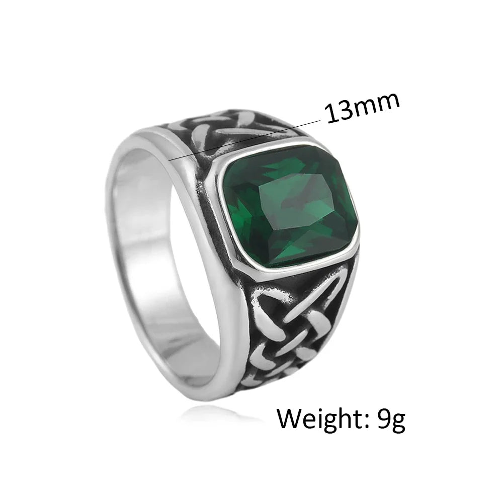 Fashion Vintage Nordic Vikings Knot Rune Rings For Men Women Stainless Steel Square Red Stone Ring Party Jewelry Gifts Wholesale