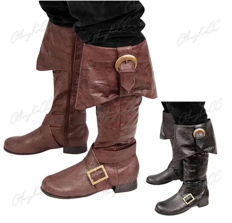 Medieval Viking Pirate Soldier Cosplay Knight Boots Halloween Men Fashion Buckle Footwear Shoes Women Retro Party High Heel Boot