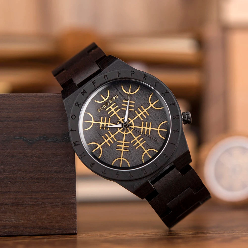 BOBO BIRD Viking Wooden Watches Top Japanese Quartz Movement Wristwatch Unique Men Watch with Helm of Awe Runic Circle Gift Box