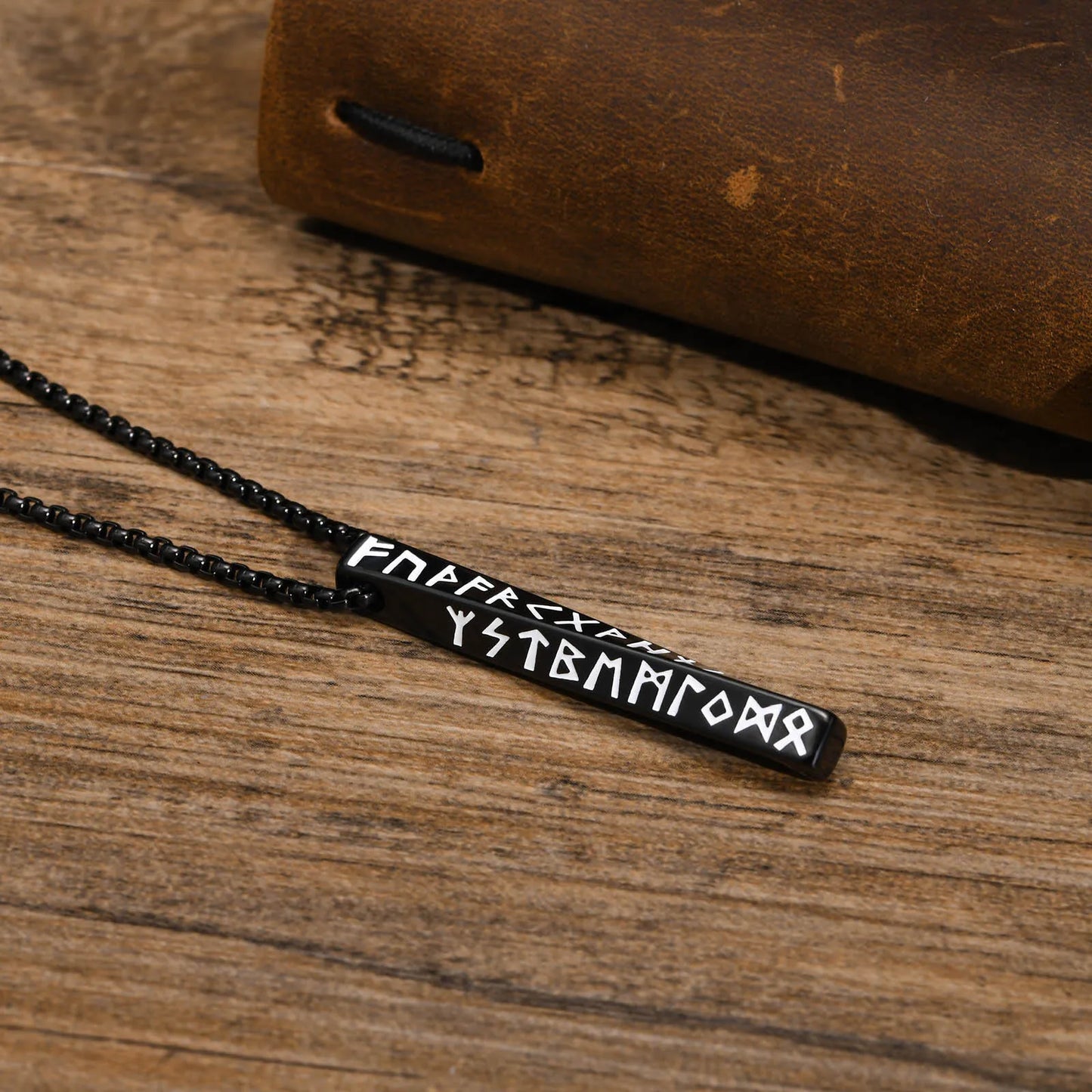 Vintage Nordic Viking Symbol Rune Vertical Twisted Bar Pendant Necklace for Men Stainless Steel Jewelry