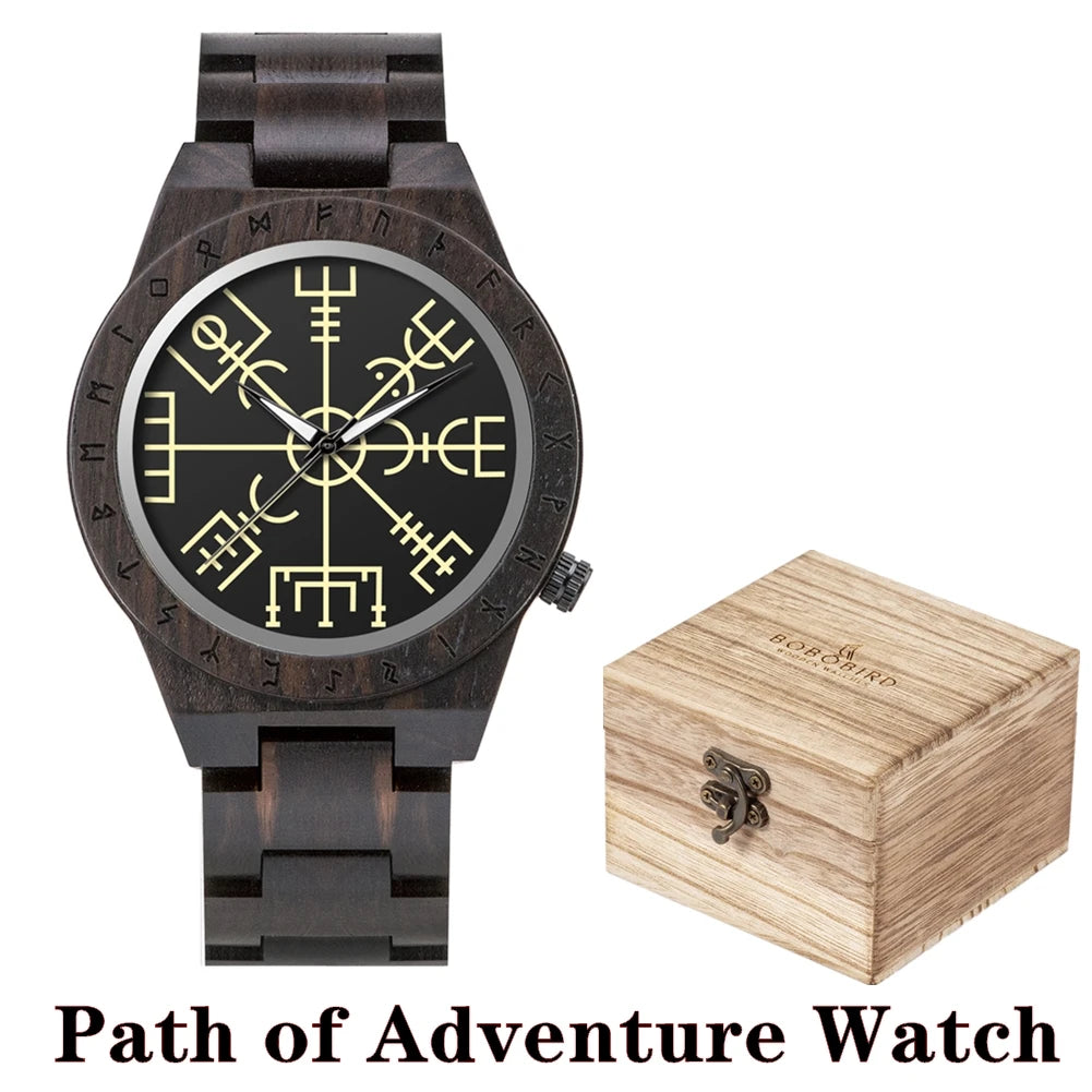 BOBO BIRD Viking Wooden Watches Top Japanese Quartz Movement Wristwatch Unique Men Watch with Helm of Awe Runic Circle Gift Box