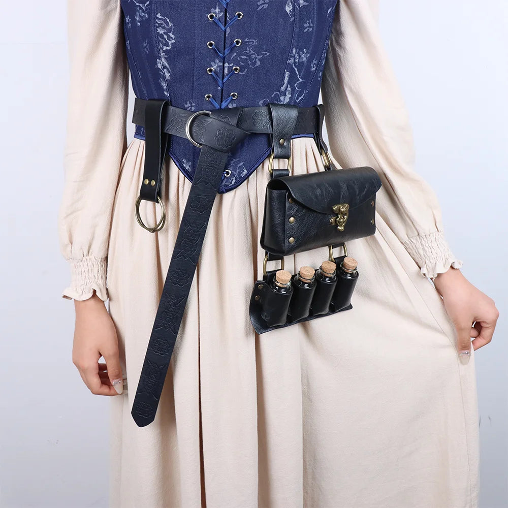 3pcs Medieval Knight Style Renaissance Retro Belt Bag With 4 glass bottles Viking Waist Belt Cosplay Decoration For Halloween
