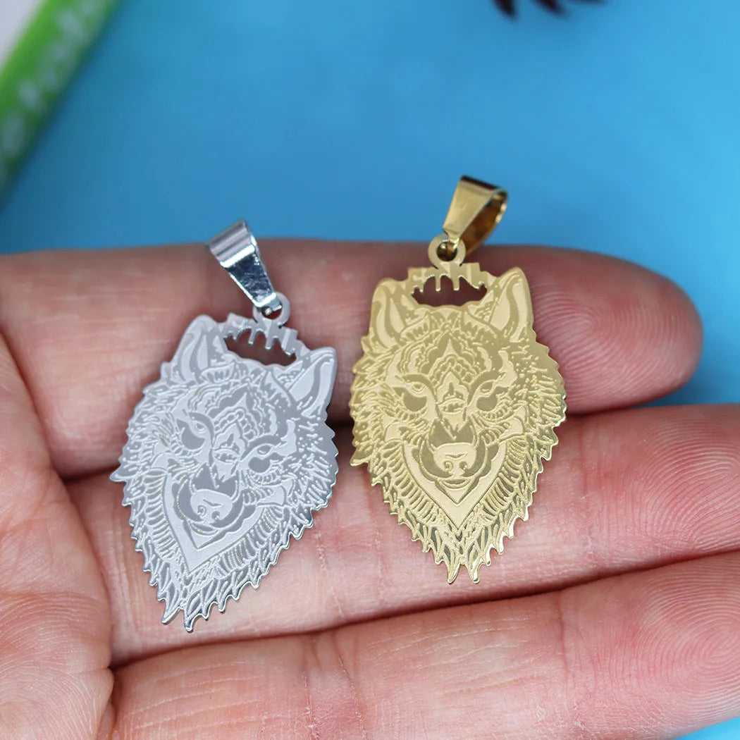 2Pcs/lot Viking Wolf Head Rune For Necklace Bracelets Jewelry Crafts Making Findings Handmade Stainless Steel Charm