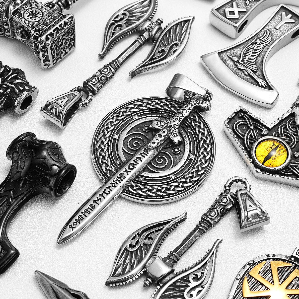 Viking Variety Weapons Men Pendant Necklace Stainless Steel Nordic Myth Chain Retro Rock Punk Rap for Friend Male Jewelry Gift