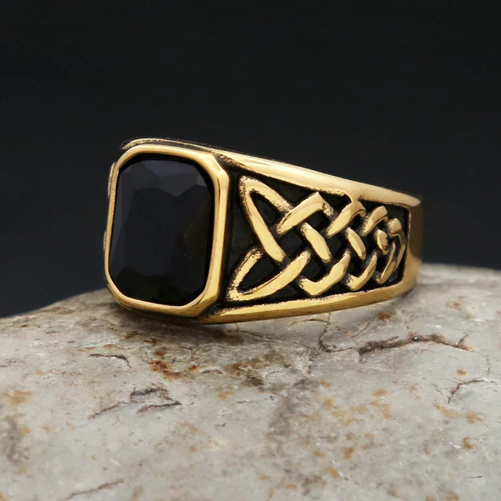 Fashion Vintage Nordic Vikings Knot Rune Rings For Men Women Stainless Steel Square Red Stone Ring Party Jewelry Gifts Wholesale