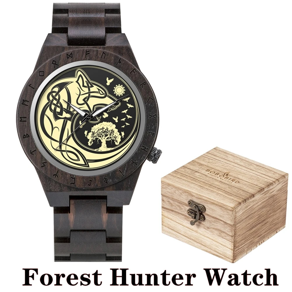 BOBO BIRD Viking Wooden Watches Top Japanese Quartz Movement Wristwatch Unique Men Watch with Helm of Awe Runic Circle Gift Box