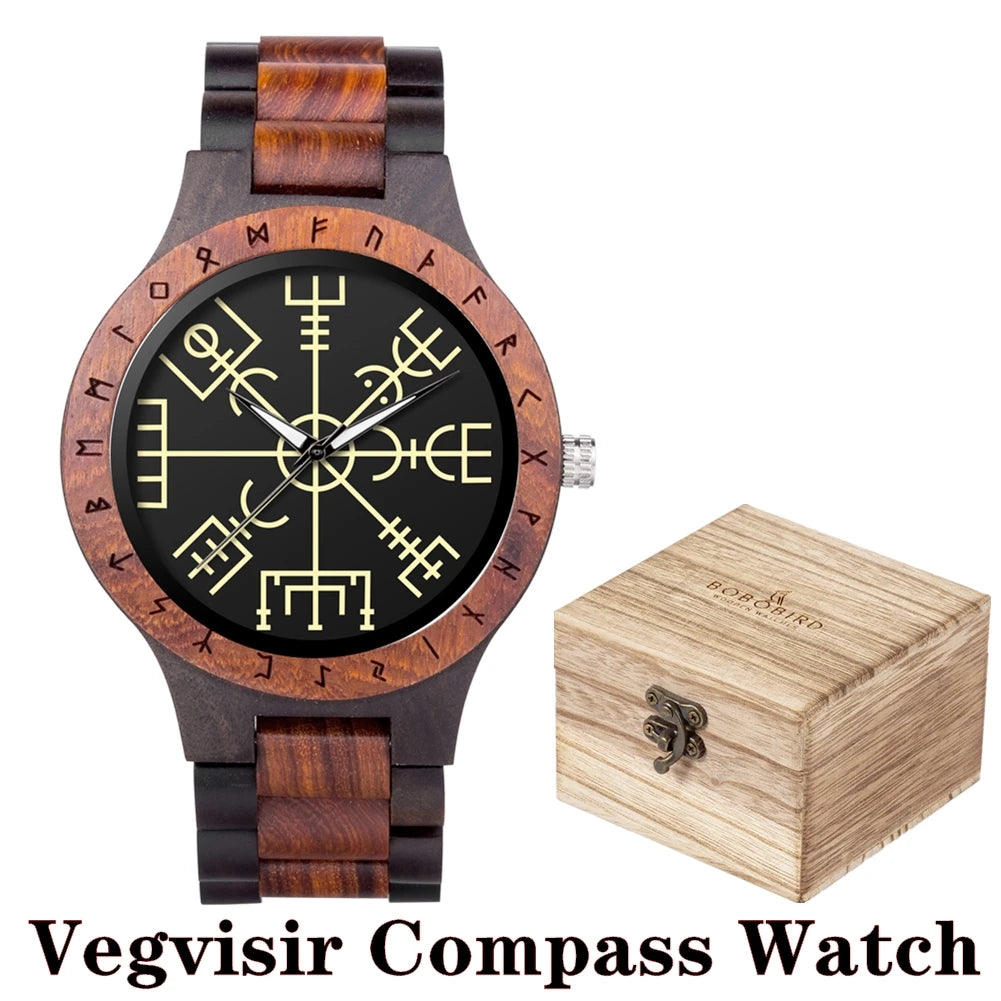 BOBO BIRD Viking Wooden Watches Top Japanese Quartz Movement Wristwatch Unique Men Watch with Helm of Awe Runic Circle Gift Box