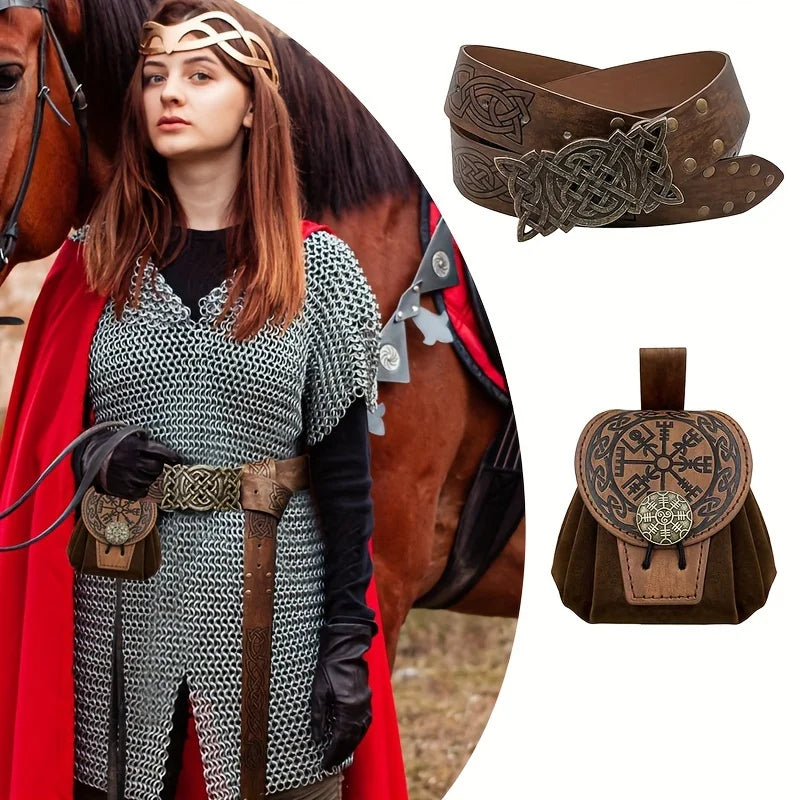 1pc/2pcs medieval PU belt and snowflake coin pouch set, embossed alchemy, Viking role-playing and Renaissance events, Halloween