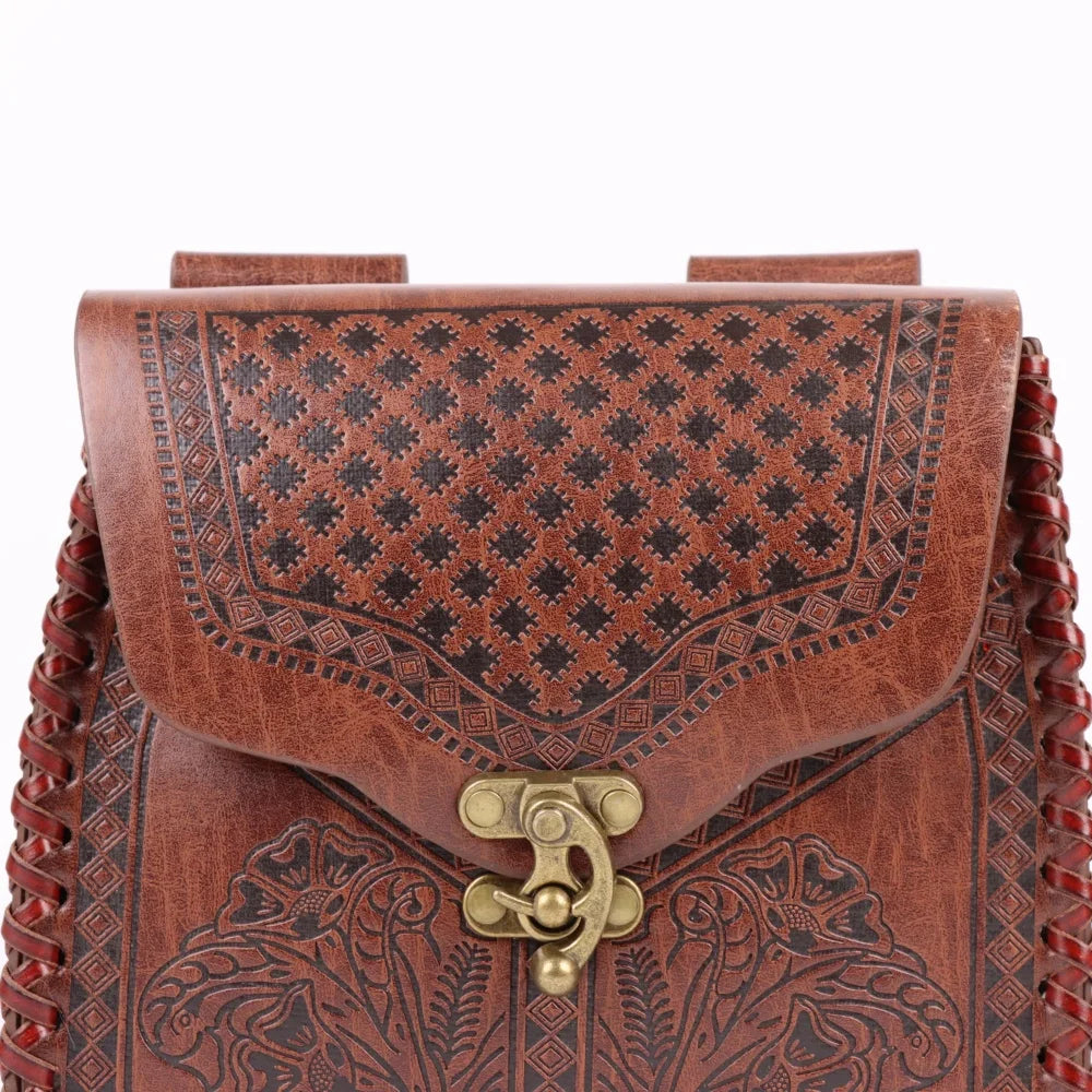 Viking Waist Bag with Intricate Floral Pattern & Braided Strap - Medieval Style, Snap Closure Perfect for Outdoor Adventures