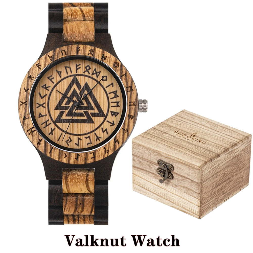 BOBO BIRD Viking Wooden Watches Top Japanese Quartz Movement Wristwatch Unique Men Watch with Helm of Awe Runic Circle Gift Box