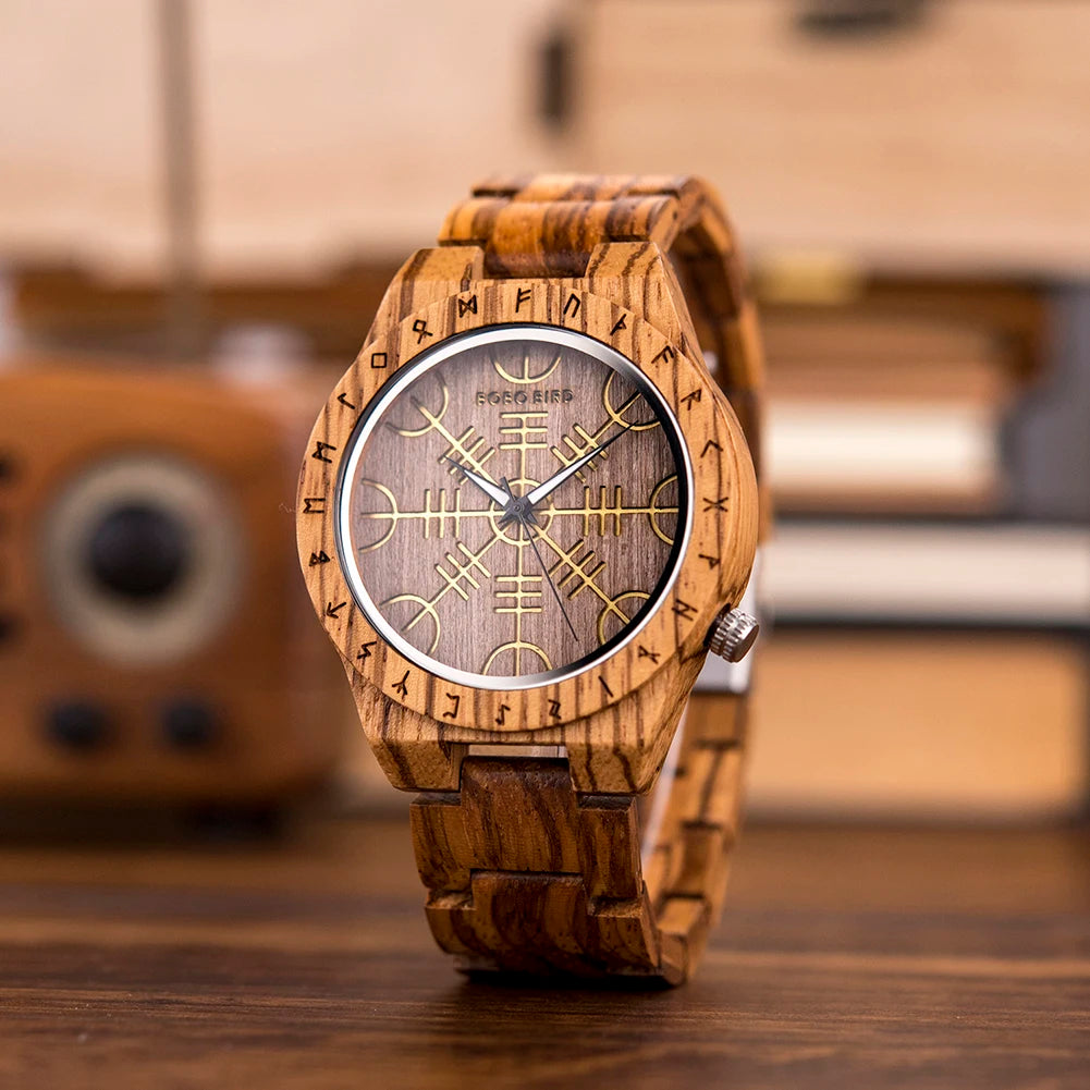 BOBO BIRD Viking Wooden Watches Top Japanese Quartz Movement Wristwatch Unique Men Watch with Helm of Awe Runic Circle Gift Box