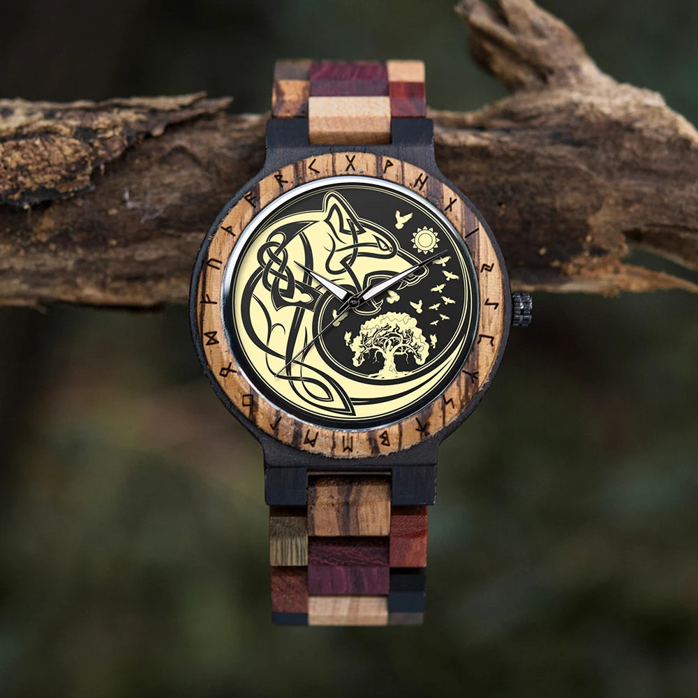 BOBO BIRD Viking Wooden Watches Top Japanese Quartz Movement Wristwatch Unique Men Watch with Helm of Awe Runic Circle Gift Box