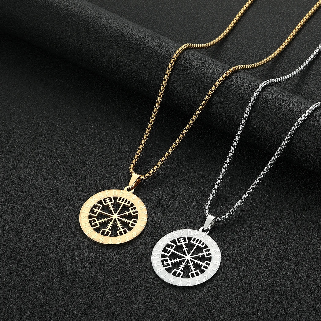 12 Constellation Viking Rune Compass Vegvisir Hollow Round Pendant Choker Stainless Steel Necklace for Men Nordic Amulet Jewelry
