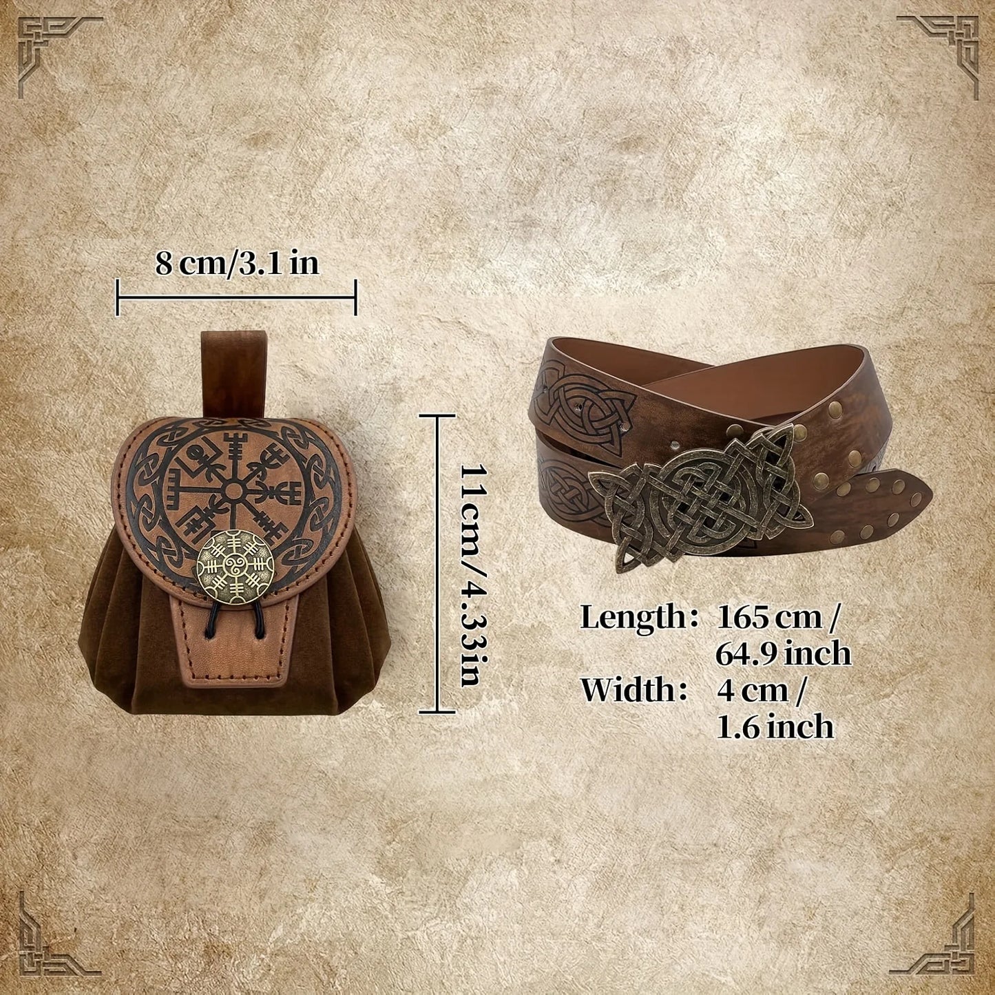 1pc/2pcs medieval PU belt and snowflake coin pouch set, embossed alchemy, Viking role-playing and Renaissance events, Halloween