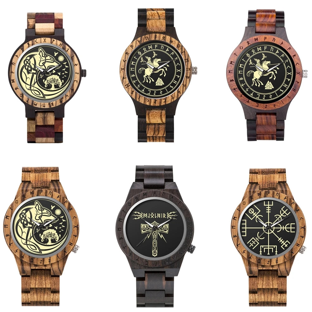 BOBO BIRD Viking Wooden Watches Top Japanese Quartz Movement Wristwatch Unique Men Watch with Helm of Awe Runic Circle Gift Box